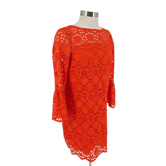 J.CREW Shift Dress Tangerine Orange Floral Embroidered Eyelet Bell Long Sleeve 4 - Picture 4 of 11
